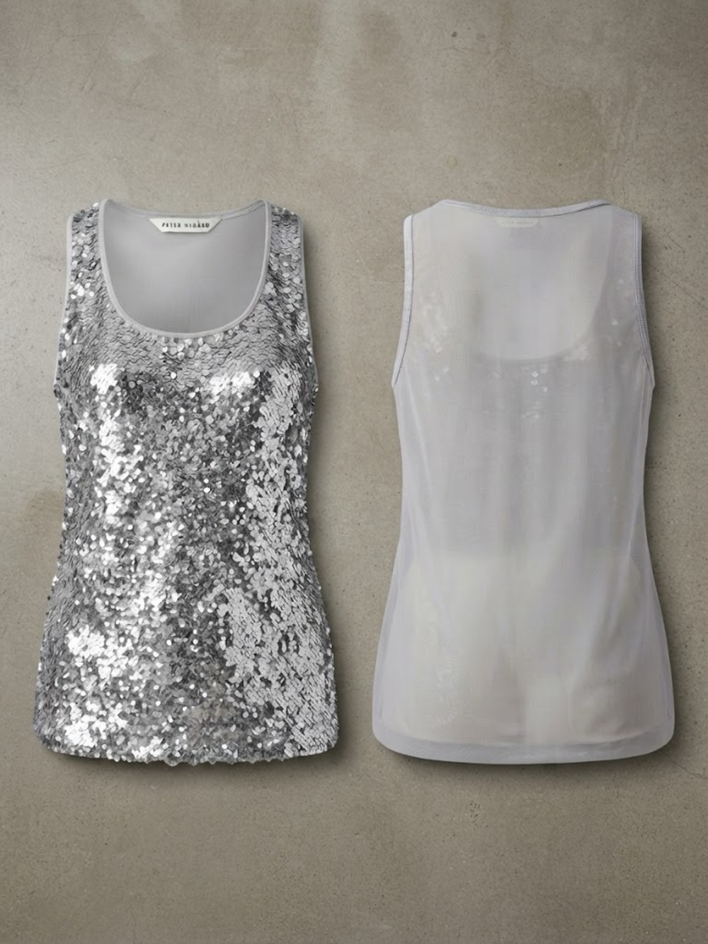 So Sparkly!! Peter Nygard Silver Sequins Scoop Neck Tank Sheer Back P2P:21’ +